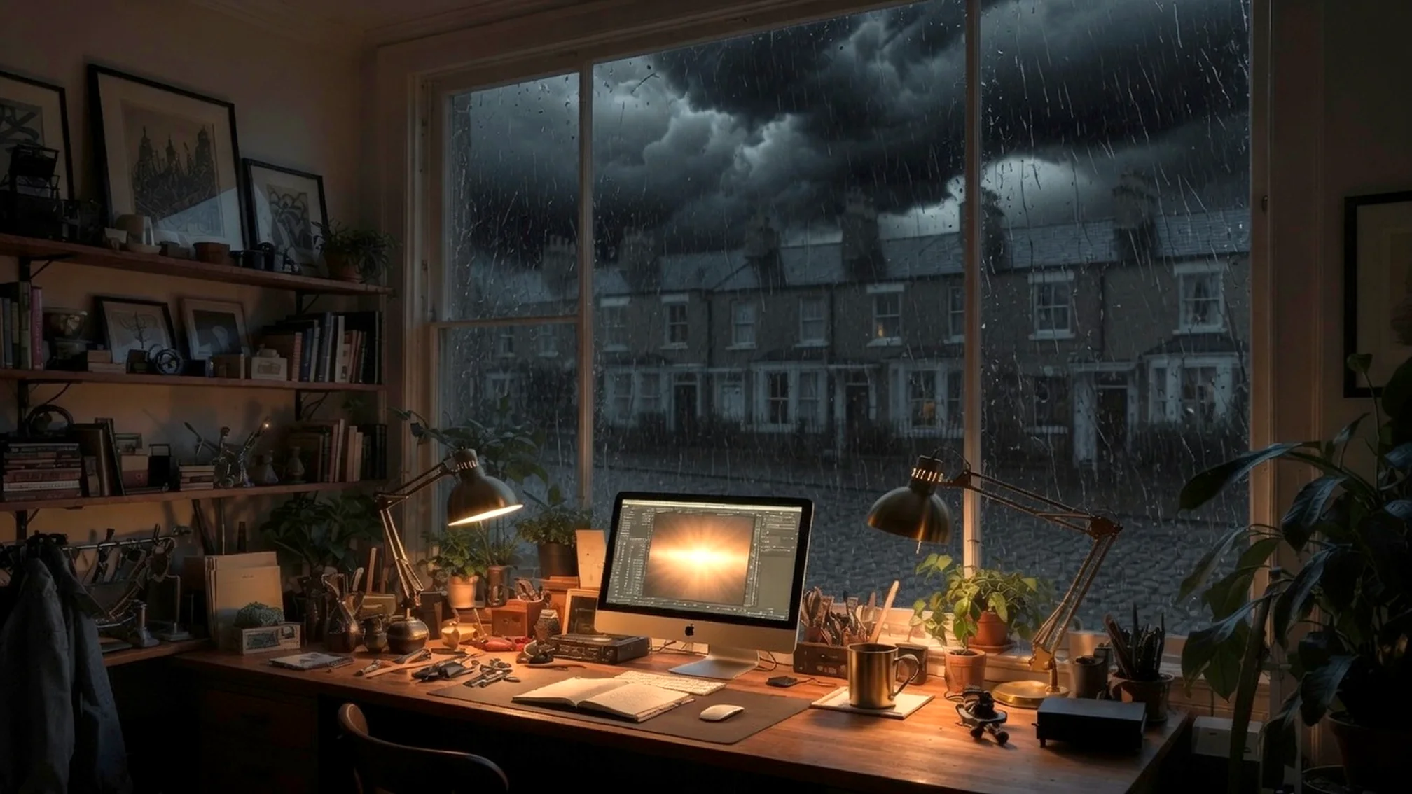A lamplit workbench