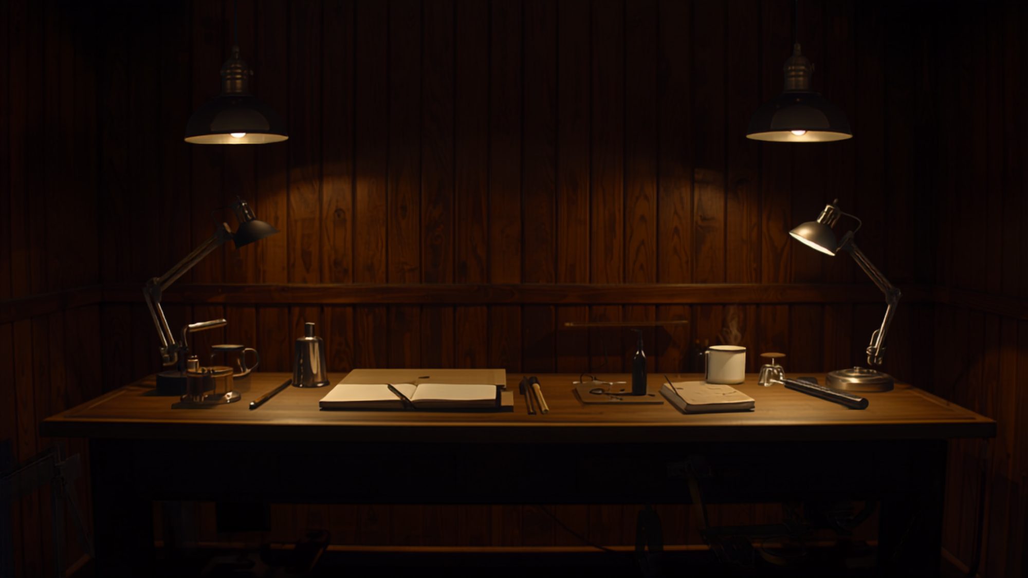 A lamplit workbench