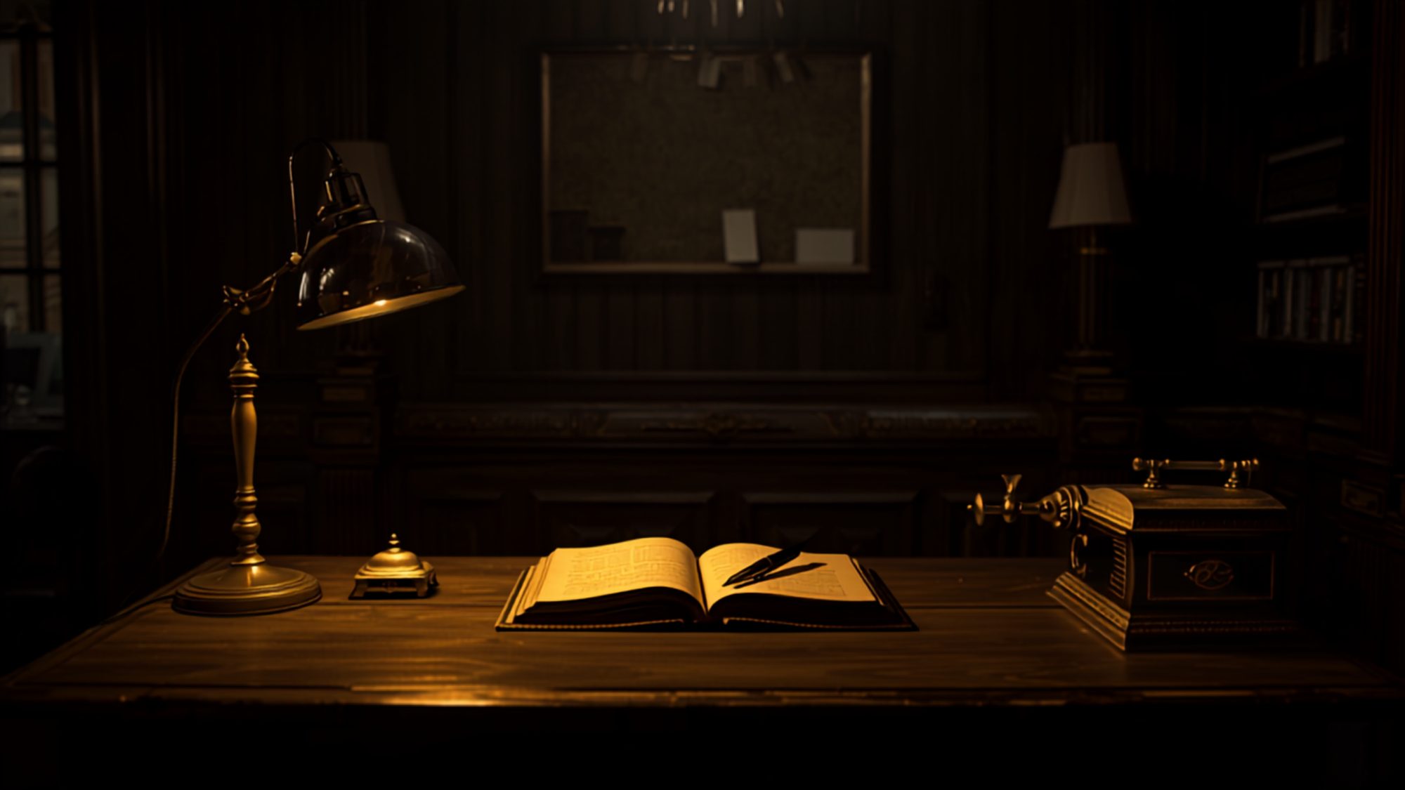 The shop counter, ledger and brass lamp
