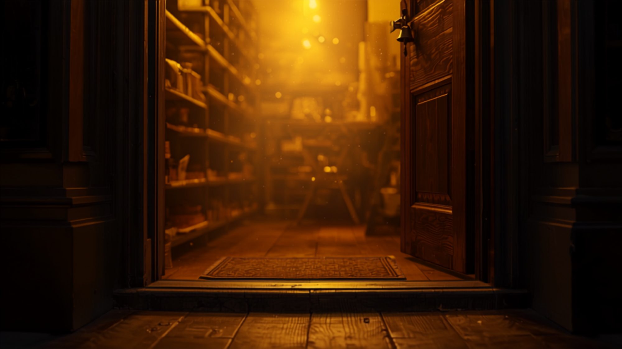 Inside the doorway, warm light