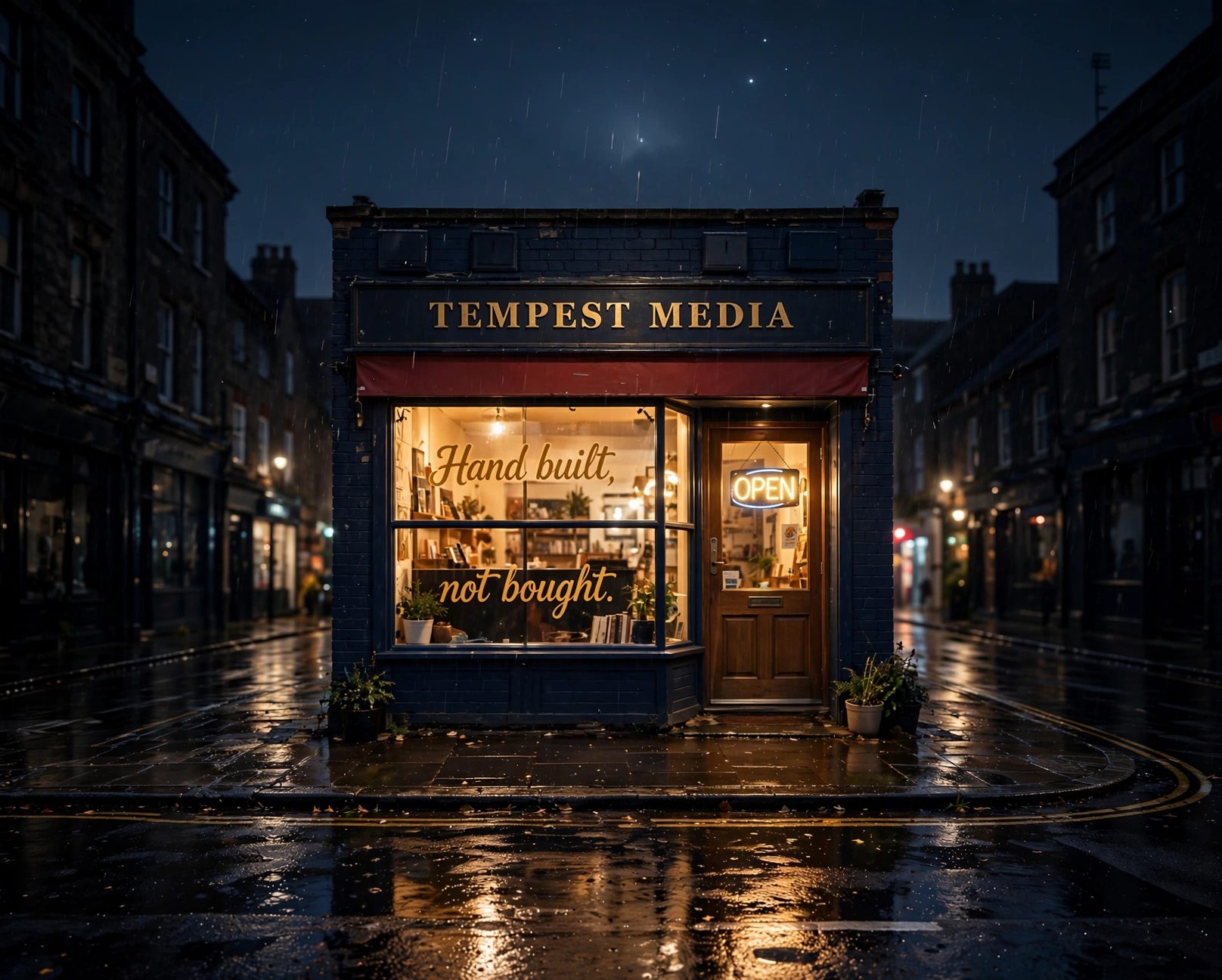 Tempest Media — a lit shopfront on a wet Oxfordshire street at night