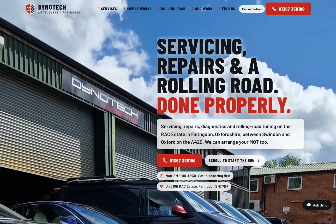The Dynotech Autocentre home page on a laptop screen