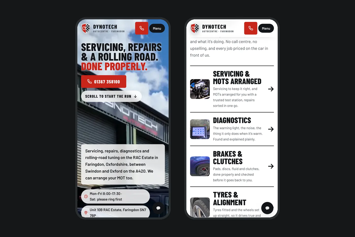 The Dynotech Autocentre website on a phone: the top of the home page and a section further down
