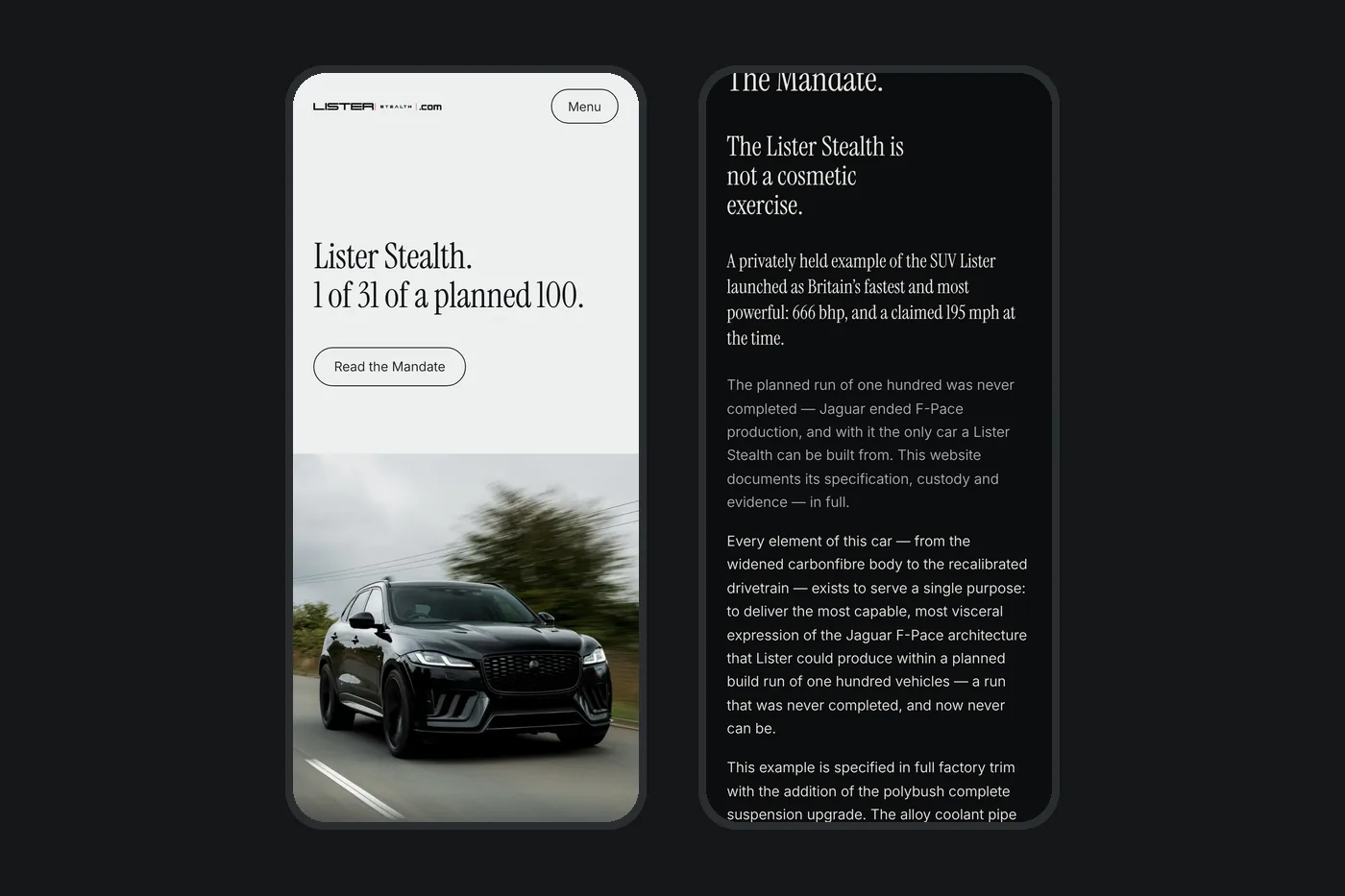 The Lister Stealth website on a phone: the top of the home page and a section further down