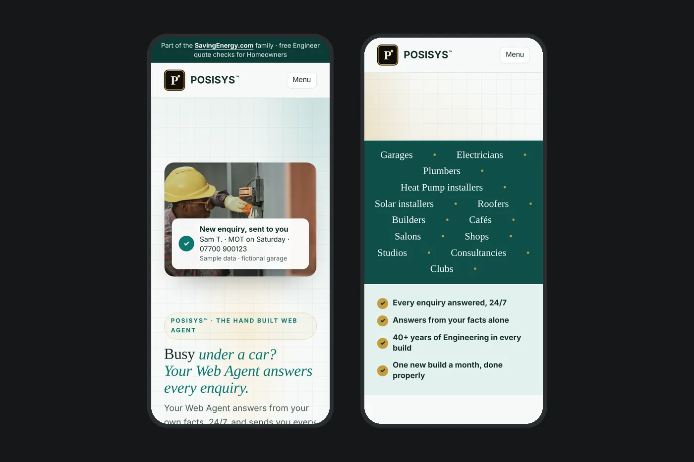 The POSISYS™ website on a phone: the top of the home page and a section further down
