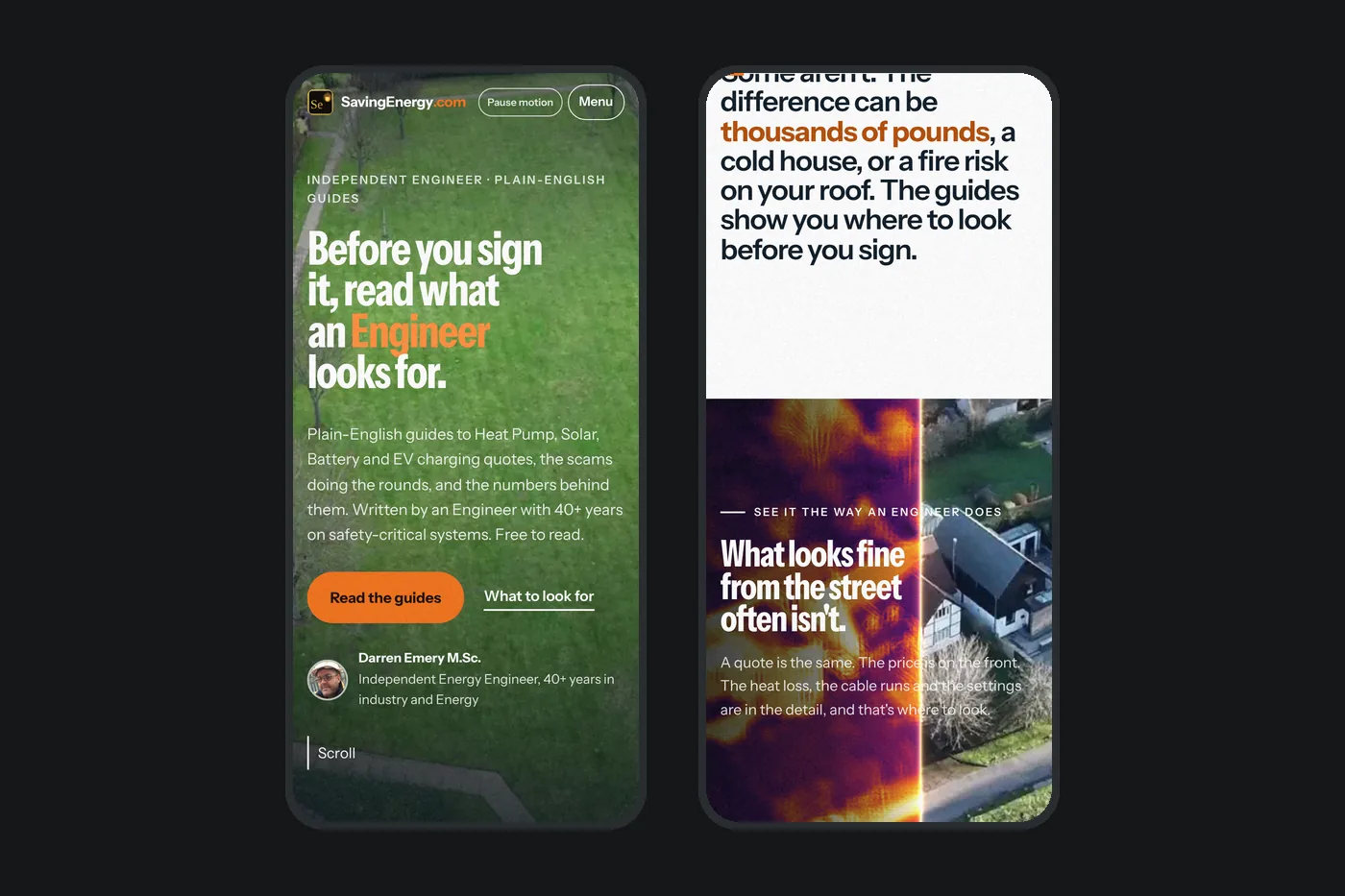 The SavingEnergy.com website on a phone: the top of the home page and a section further down