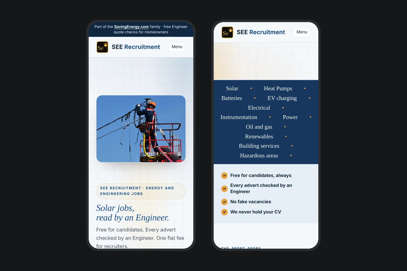 The SEE Recruitment website on a phone: the top of the home page and a section further down