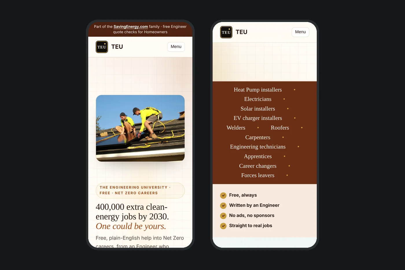 The The Engineering University website on a phone: the top of the home page and a section further down