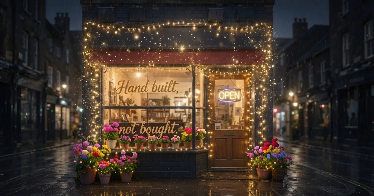 A small shop at night with its lights on and an Open sign in the door, and 'Hand built, not bought.' painted on the window