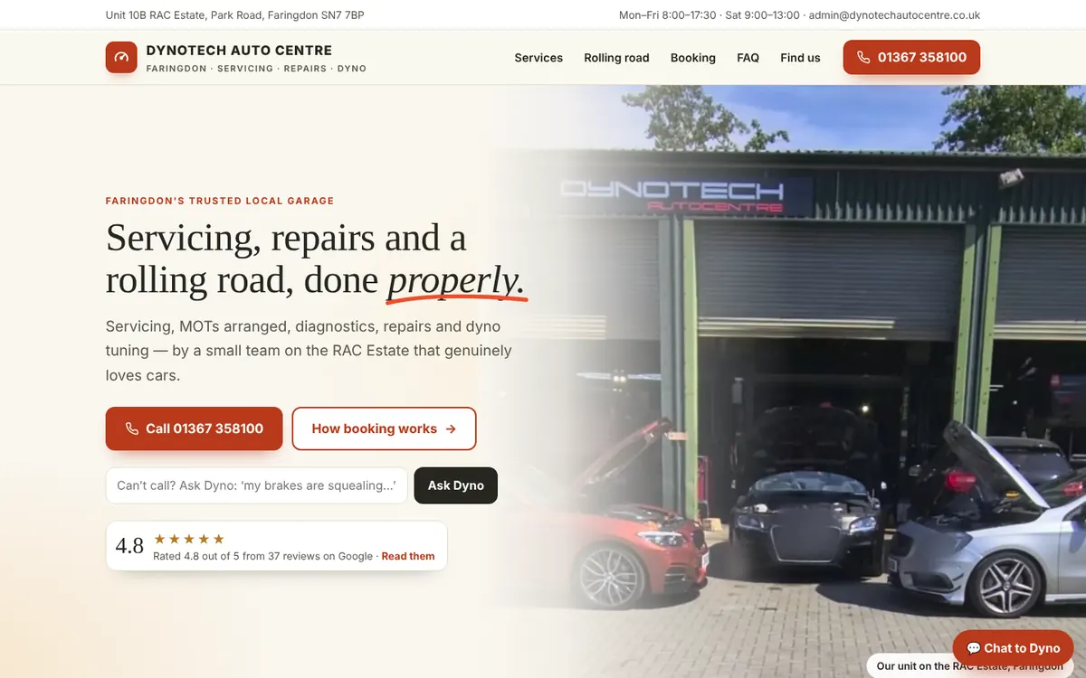 The Dynotech Auto Centre home page, on a laptop