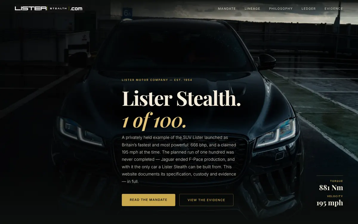 The Lister Stealth home page, on a laptop